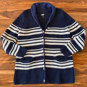 Lands End Navy & White Striped Nautical Drifter Cardigan Sweater Medium M 8 10